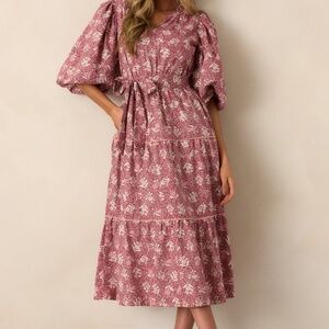 Red Dress Rustic Allure 100% Cotton Dark Sangria Floral Midi Dress Size LL / Dar